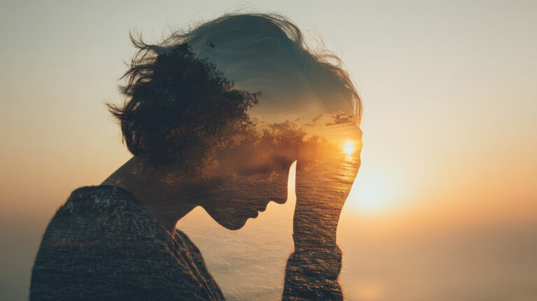 Silhouette einer Frau im Sonnenuntergang mit Meer und Natur als Symbol für emotionale Balance und innere Ruhe